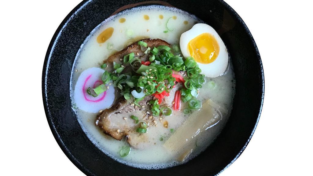 R1_Tonkotsu Ramen · Classic pork broth, topped with egg, chashu pork, bamboo shoots, red ginger, and scallion.