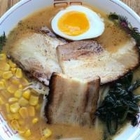 R3_Miso Ramen · Pork broth with miso, topped with corn, egg, chashu pork, bamboo shoots, and scallion.