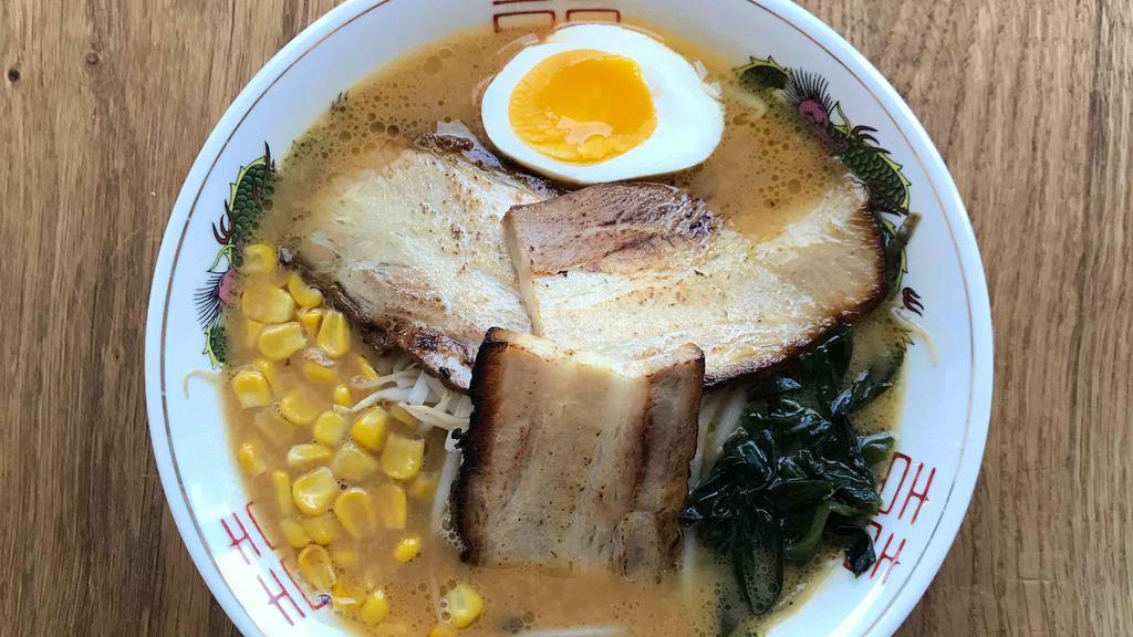 R3_Miso Ramen · Pork broth with miso, topped with corn, egg, chashu pork, bamboo shoots, and scallion.