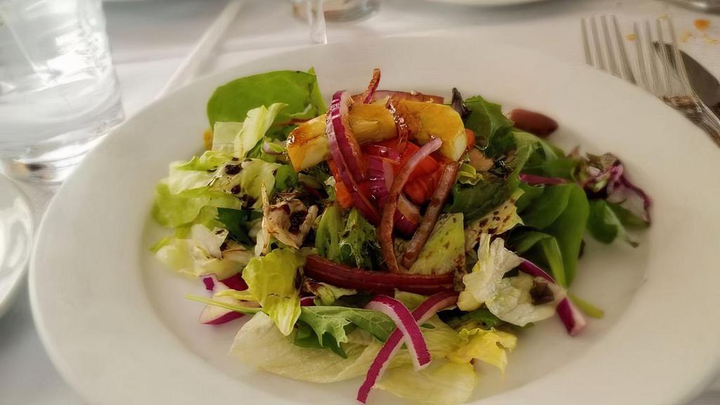 Classic House Salad · Mixed greens, tomato, cucumber, olives, onion.