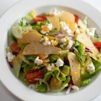 Roasted Pear & Goat Cheese Salad · Mixed greens, gold beets, tomato, cucumber, kalamata, onion, roasted pepper vinaigrette.
