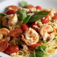 Linguini Di Maria · Jumbo shrimp, crab meat, arugula, white wine tomato basil sauce.