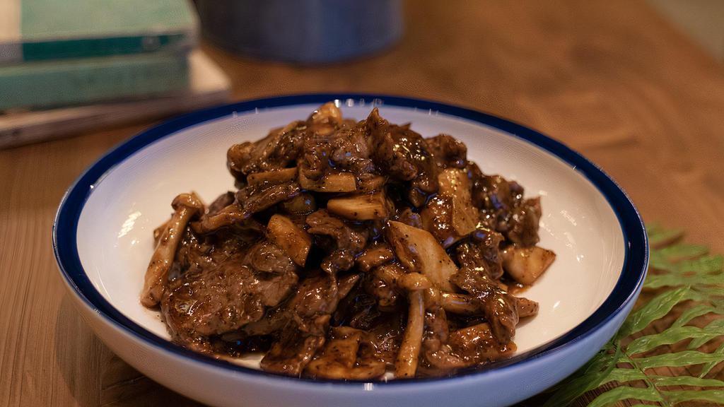 Veal In Black Pepper Sauce · Non spicy. Stir fried with mushroom and black pepper sauce.
