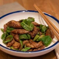 Spicy Pork Intestine · Medium spicy. stir fried with green pepper.