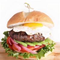 Sunshine Burger · Juicy 8 Oz Burger, Served on a Brioche Roll. Sunny Side up Egg, Lettuce, Tomato, Avocado, Pi...