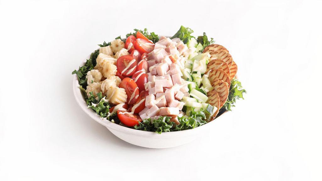L.C Salad · Your Choice of Pastrami Or Smoked Turkey Served over  Romaine Lettuce, with Grilled Mushrooms, Baby Corn Diced Cucumbers, Pretzel Thins and Honey Mustard Dressing.