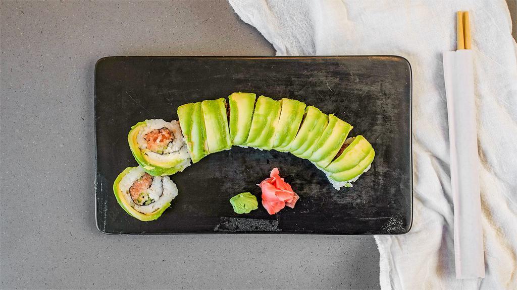 Dragon Roll · Spicy Tuna & Cucumber, topped with Avocado.