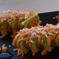 Dancing Dragon Roll · Spicy Tuna & Crunch, topped with Spicy Kani and Avocado.