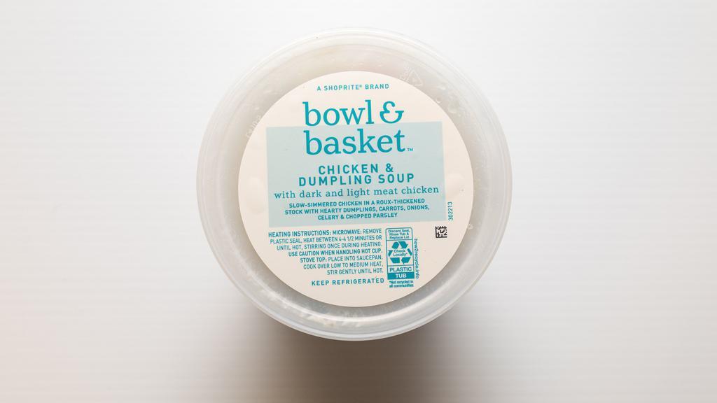 Bowl & Basket Chicken & Dumpling Soup · 20 oz. A ShopRite brand. Slow-Simmered Chicken in a Roux-Thickened Stock with Hearty Dumplings, Carrots, Onions, Celery & Chopped Parsley. sold cold.