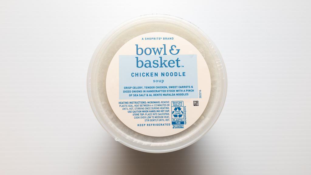 Bowl & Basket Chicken Noodle Soup · 20 oz. A ShopRite brand. Crisp Celery, Tender Chicken, Sweet Carrots & Diced Onions in Handcrafted Stock with a Pinch of Sea Salt & Al Dente Mafalda Noodles. sold cold.