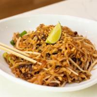 Pad Thai · Stir fry thin rice noodle, egg, pickled radish, bean sprout, scallion, and ground peanut. Co...