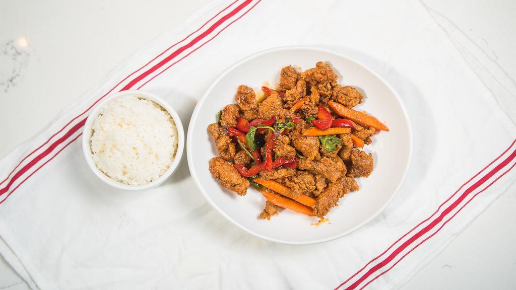 Rangsit Chicken · Crispy chicken, garlic, fresh chili, carrot, bell pepper, basil in chef's special sauce. Spicy.