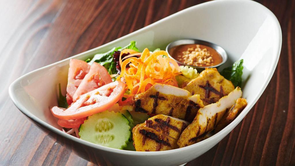 Chicken Satay Salad · Barbecued house marinated chicken satay and mixed greens served with peanut dressing.