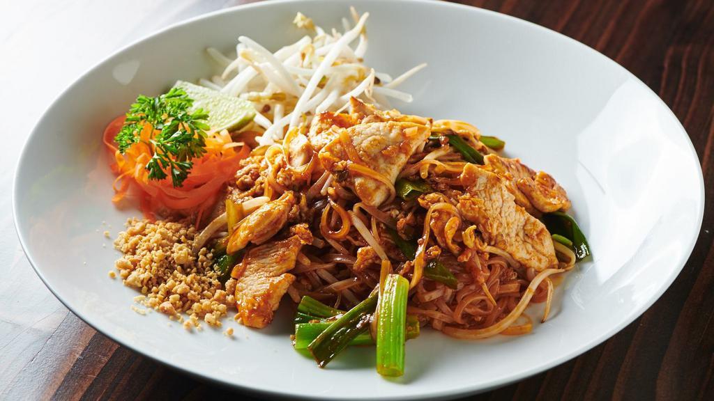 Pad Thai Noodle · Top seller. Famous Thai stir-fried rice noodles, scallion, bean sprout, peanut and egg.