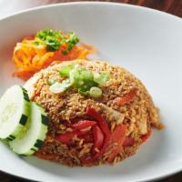 Spicy Basil Fried Rice · Egg, Onion, Carrot, Red bell pepper and Basil leave.