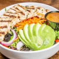 Grilled Chicken & Avocado · Mixed greens, grilled chicken breast, sliced avocado, tomatoes, red onion, carrots, cucumber...