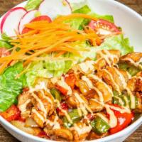 Chicken Teriyaki Rice Bowl · Teriyaki glazed grilled chicken and vegetables (sauteed bell peppers, carrots & onions... th...
