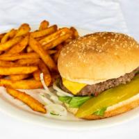 Homemade Cheeseburger · Served with cheese mayonnaise, lettuce tomato onion, and pickles.