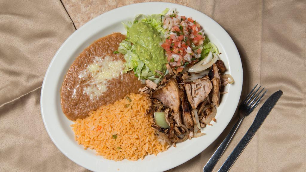 El Pollo Loco · Cried chicken topped with a special sauce. cheese sauce and pico de gallo, served with rice, beans and three tortillas.