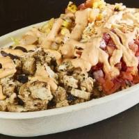 Grilled Chicken Naked Burrito · Chicken breast marinated in a cilantro lime marinade. Served with rice, beans, and salsa.
