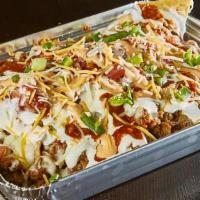 Chorizo Nachos · Spicy pork sausage with signature blended spices. Loaded with beans, shredded cheese, and so...