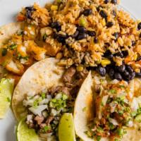 House Mexican Tacos Platter · Any three Mexican tacos with rice and beans platter.