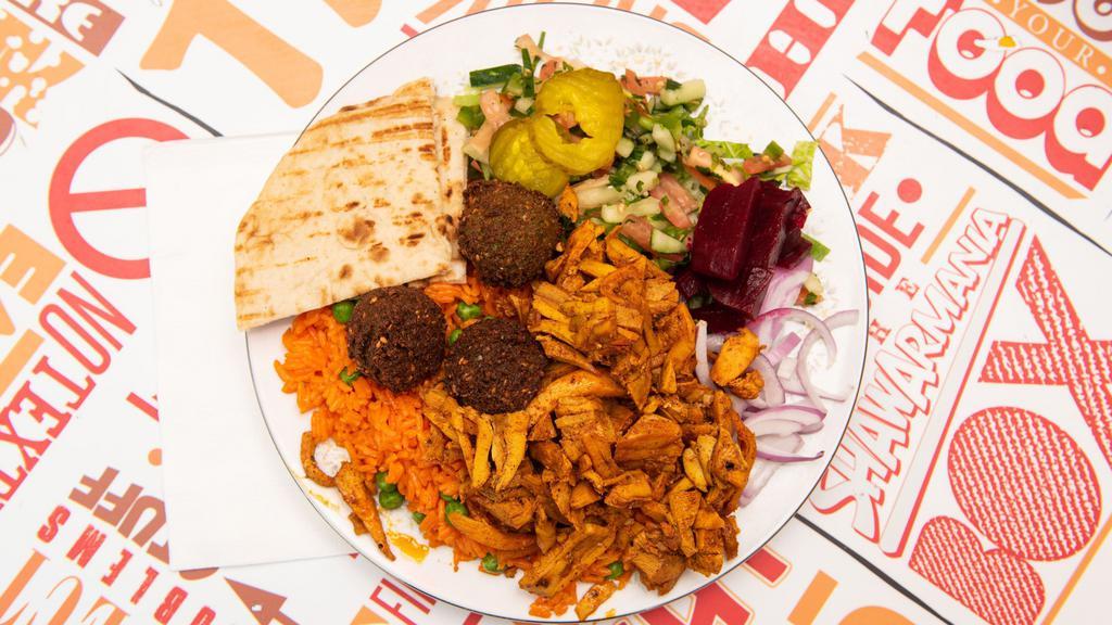 Chicken Shawafel Medium Bowl · Thinly sliced, flame roasted chicken and falafel balls. Served with rice, salad (lettuce, pickles, turnip, beets, onions), 3 side sauces and pita.