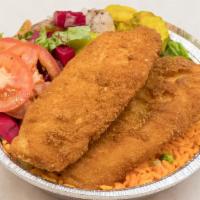 Fried Fish Over Rice And Salad · Wild Alaskan cod surrounded by a crispy batter. Served with rice and salad.