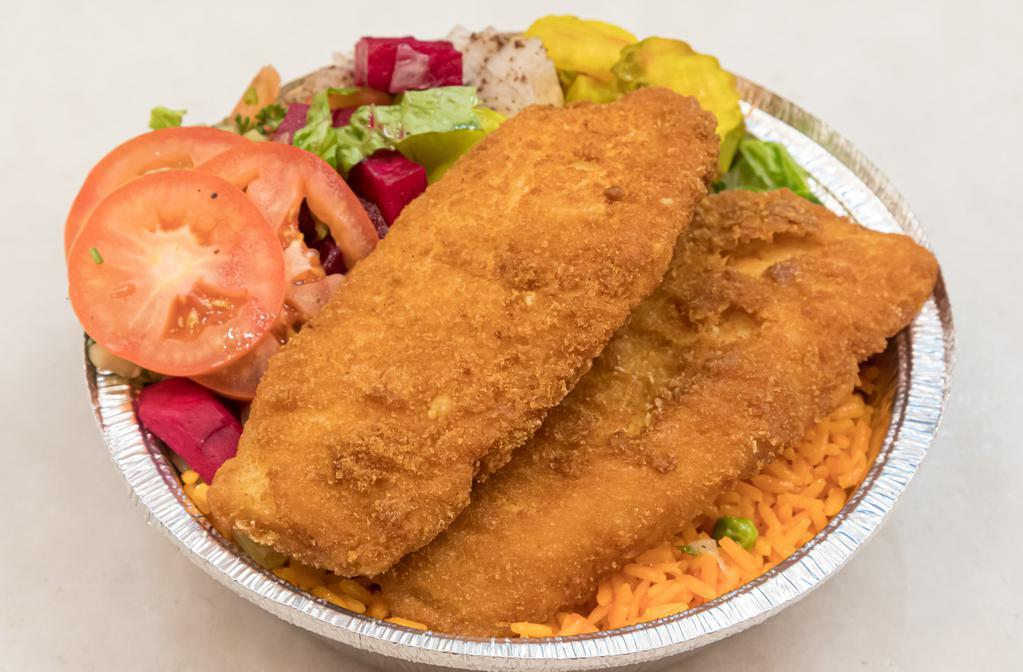 Fried Fish Over Rice And Salad · Wild Alaskan cod surrounded by a crispy batter. Served with rice and salad.