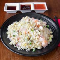 Gold/Silver Yin/Yang Fried Rice 蛋白金鸡虾炒饭 · Deconstructed egg (yolk/white)  sauteed with chicken, shrimp and scallions.
