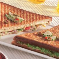 Veg Grilled Sandwich · The dish is a combination of bread and fresh vegetables.