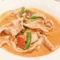 Panang Curry · Medium. Panang curry, coconut milk, string bean, kaffir lime leaf, chili and bell pepper, se...