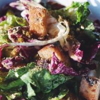 Caesar Salad · little gem lettuce, chicory, sourdough croutons, fried capers, cashew parm