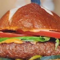 I Can'T Believe It'S Vegan Burger · homemade AE spent grain patty, lettuce, tomato, vegan mayo, bread & butter pickles, pretzel ...