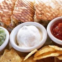 Quesadilla · Flour tortilla with cheddar & monterey jack cheese and choice of olives, onions, jalapenos, ...