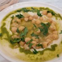 Homemade Hummus · Vegan. Fresh hummus topped with warm chickpeas or mushrooms and homemade green sauce. Served...