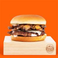 Cheesy Shroom Smashmouth · Our signature smashed hamburger patty topped with mushrooms, Swiss cheese, and mayo.