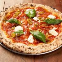 Salame Piccante Pizza · tomato, mozzarella, spicy soppressata, pickled chili, basil