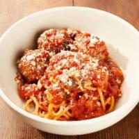 Spaghetti & Meatballs · Spaghetti and our braised grass-fed beef and pork sausage meatballs