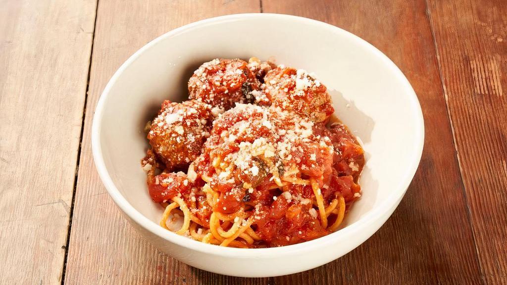 Spaghetti & Meatballs · Spaghetti and our braised grass-fed beef and pork sausage meatballs