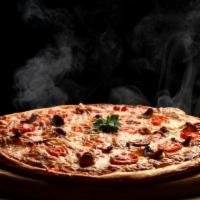 Affumicata Pizza · Hot Pizza topped with Smoked mozzarella, San Marzano tomato and basil sauce topped with sun-...