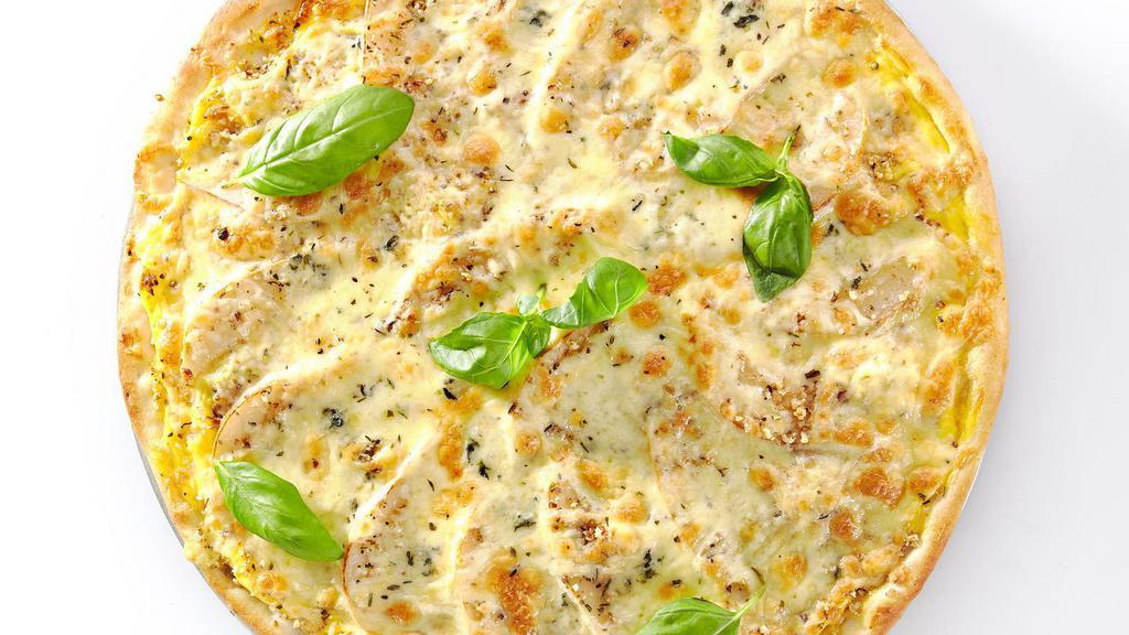 Bianca White Pizza · Hot Pizza topped with White milk mozzarella, fresh ricotta, authentic pecorino cheese, fresh garlic, and Tuscan olive oil. Round pizza.