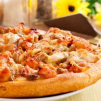 Leo'S Round Pizza · Hot Pizza topped with Fresh mozzarella, vodka sauce, chicken cutlet, prosciutto, and basil.