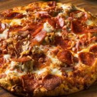 Speciale Pizza · Hot Pizza topped with Loaded with homemade sausage, pepperoni, homemade meatballs, mushrooms...
