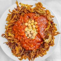 Koshari · A savory Luxor comfort bowl of lentils, rice chickpeas. With a special tomato sauce and savo...