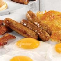 Triple Egg Dare Ya · Three eggs, three applewood smoked bacon strips, three sausage links, two made-from-scratch ...