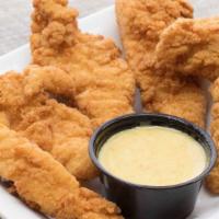 Chicken Strips · Crispy, all white meat chicken breast strips served with honey mustard dipping sauce. 870 cal.