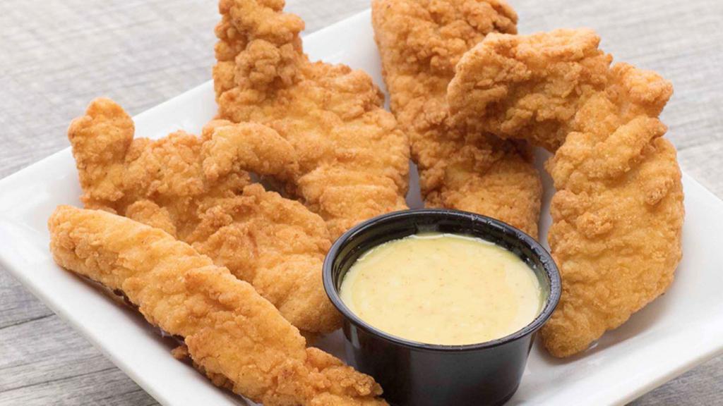 Chicken Strips · Crispy, all white meat chicken breast strips, and served with honey mustard dipping sauce.
