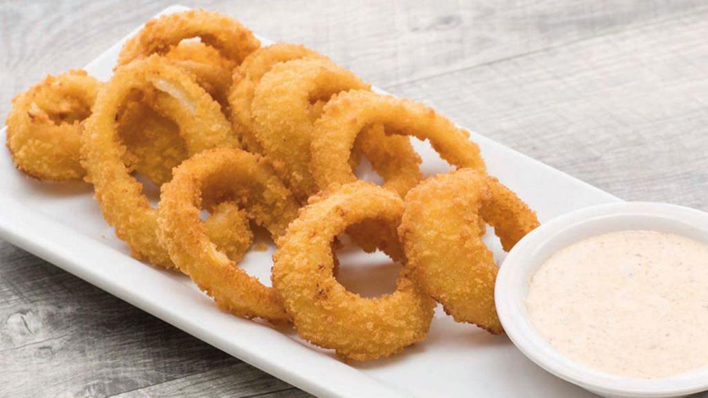 Onion Rings · Our batter fried jumbo onion rings are served with zesty chipotle ranch dipping sauce.