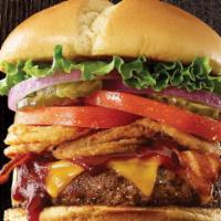 Bbq Tangler Burger · Sweet BBQ sauce, cheddar cheese, applewood smoked bacon, crunchy Onion Tanglers®, lettuce, t...